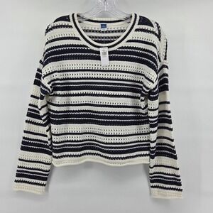 Old Navy Girls XL 14-16 Striped Crochet Knit Sweater Long Sleeve Top Navy